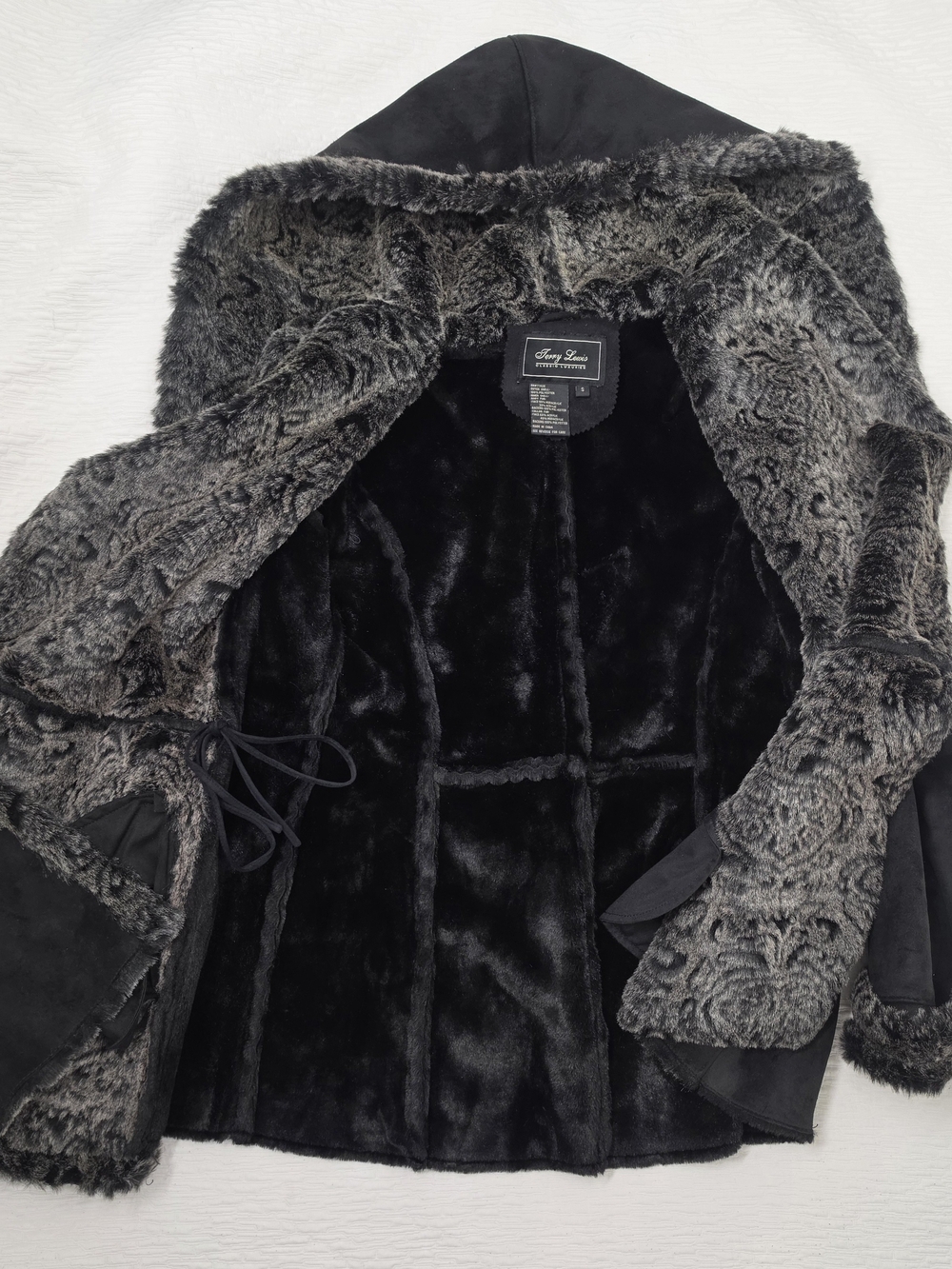 Black Faux Fur-Lined Hooded Trench Coat by